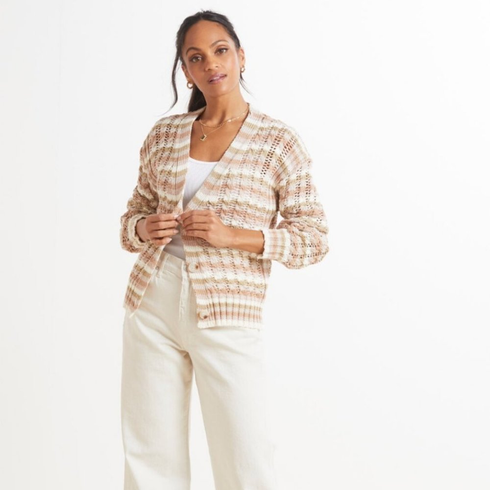 Evereve John + Jenn Julianna Stripe Cardigan Beige Pink White Multi Size XS - Picture 2 of 12